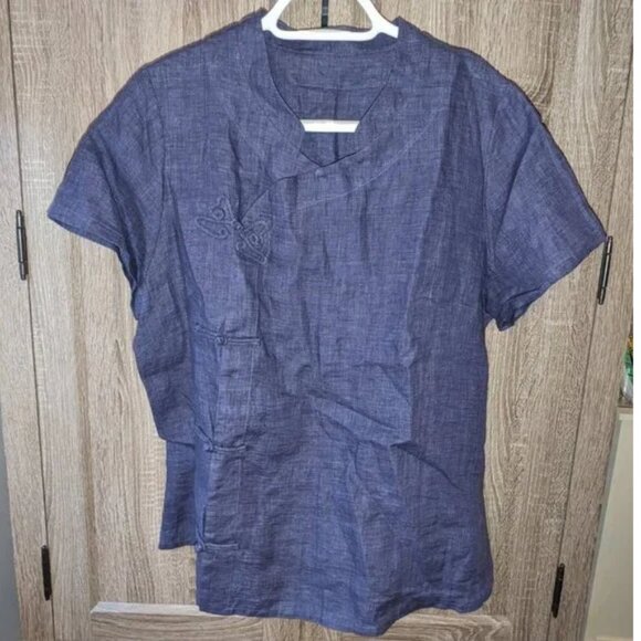 *3 FOR $9* Flax Linen Short Sleeve Asian Style Wrap Frog Button Chinese Shirt - Picture 1 of 3